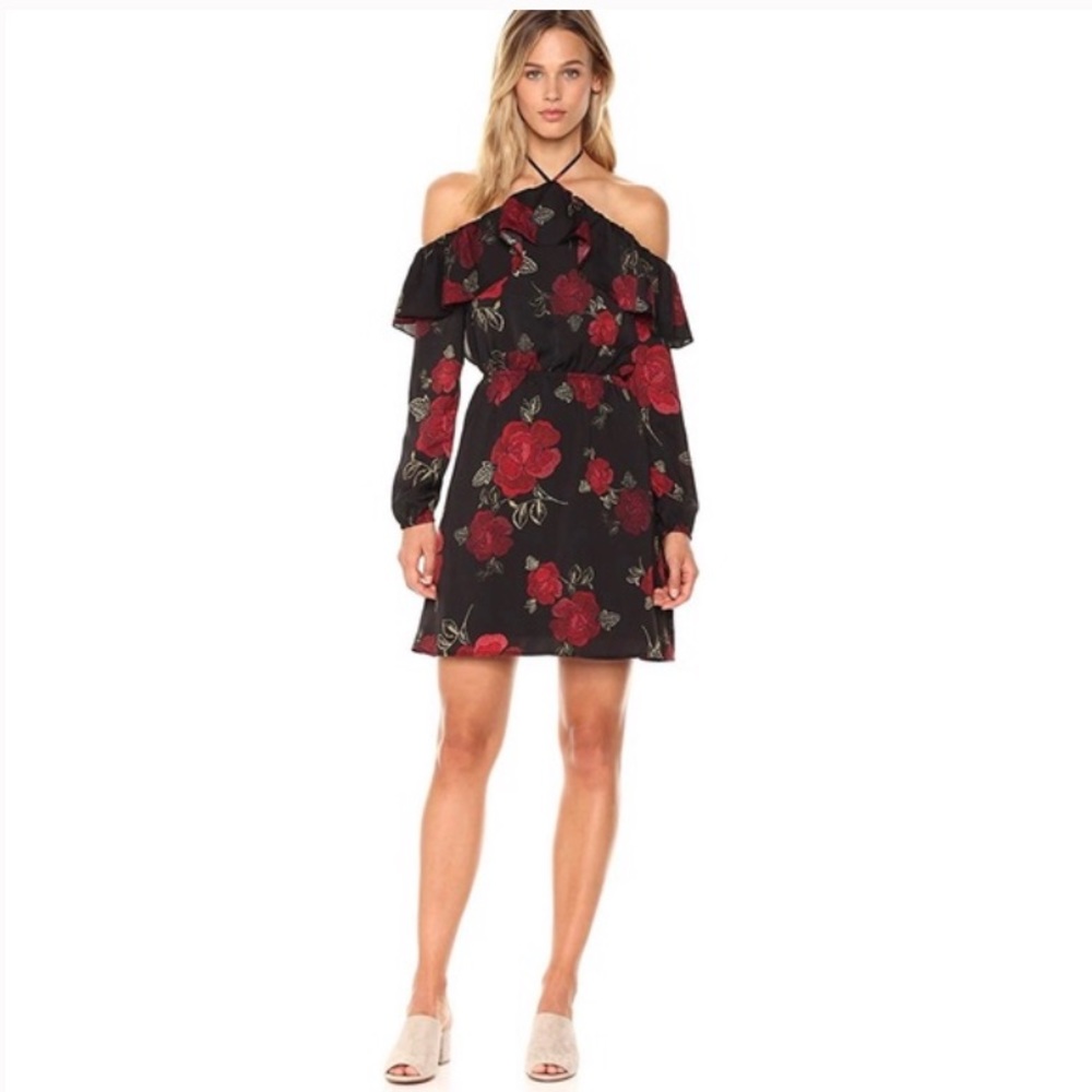 NWT CUPCAKES AND CASHMERE black red floral off shoulder halter neck dress small
